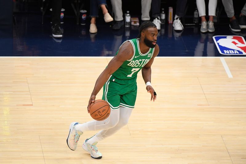 INDIANAPOLIS, IN - MAY 27:  Jaylen Brown #7 of the Boston Celtics handles the ball during the game  against the Indiana Pacers during Game 4 of the Eastern Conference Finals of the 2024 NBA Playoffs on May 27, 2024 at Gainbridge Fieldhouse in Indianapolis, Indiana. NOTE TO USER: User expressly acknowledges and agrees that, by downloading and or using this Photograph, user is consenting to the terms and conditions of the Getty Images License Agreement. Mandatory Copyright Notice: Copyright 2024 NBAE (Photo by Brian Babineau/NBAE via Getty Images)