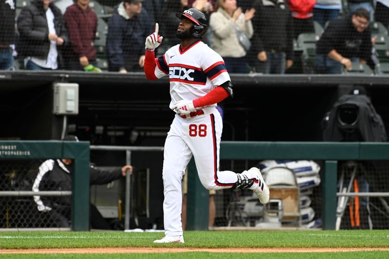 Jun 11, 2023; Chicago, Illinois, USA;  Chicago White Sox center fielder Luis Robert Jr. (88) after he hits a two-run home run against the Miami Marlins during the seventh inning at Guaranteed Rate Field. Mandatory Credit: Matt Marton-USA TODAY Sports