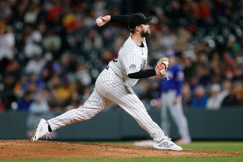 May 10, 2024; Denver, Colorado, USA; Colorado Rockies relief pitcher Jalen Beeks (68) pitches in the ninth inning against the Texas Rangers at Coors Field. Mandatory Credit: Isaiah J. Downing-USA TODAY Sports