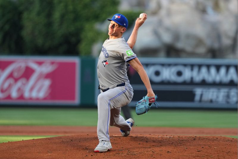 May 8, 2025; Anaheim, California, USA; Toronto Blue Jays starting pitcher Chris Bassitt (40) throws in the first inning against the Los Angeles Angels at Angel Stadium. Mandatory Credit: Kirby Lee-Imagn Images