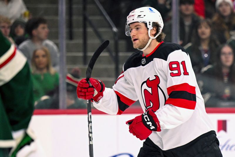 Jan 12, 2026; Saint Paul, Minnesota, USA;  New Jersey Devils forward Dawson Mercer (91) celebrates his goal against the Minnesota Wild during the first period at Grand Casino Arena. Mandatory Credit: Nick Wosika-Imagn Images