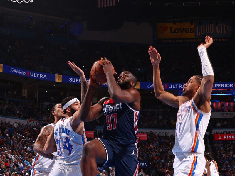 OKLAHOMA CITY, OK - FEBRUARY 23: Eugene Omoruyi #97 of the Washington Wizards drives to the basket during the game against the Oklahoma City Thunder on February 23, 2024 at Paycom Arena in Oklahoma City, Oklahoma. NOTE TO USER: User expressly acknowledges and agrees that, by downloading and or using this photograph, User is consenting to the terms and conditions of the Getty Images License Agreement. Mandatory Copyright Notice: Copyright 2024 NBAE (Photo by Zach Beeker/NBAE via Getty Images)