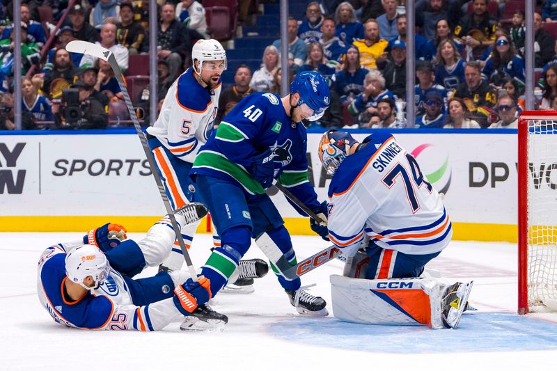 May 20, 2024; Vancouver, British Columbia, CAN; Edmonton Oilers defenseman Cody Ceci (5) and defenseman Darnell Nurse (25) watch as goalie Stuart Skinner (74) makes a save on Vancouver Canucks forward Elias Pettersson (40) during the second period in game seven of the second round of the 2024 Stanley Cup Playoffs at Rogers Arena. Mandatory Credit: Bob Frid-USA TODAY Sports