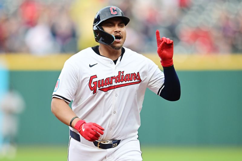 Apr 9, 2024; Cleveland, Ohio, USA; Cleveland Guardians first baseman Josh Naylor (22) rounds the bases after hitting a home run during the first inning against the Chicago White Sox at Progressive Field. Mandatory Credit: Ken Blaze-USA TODAY Sports