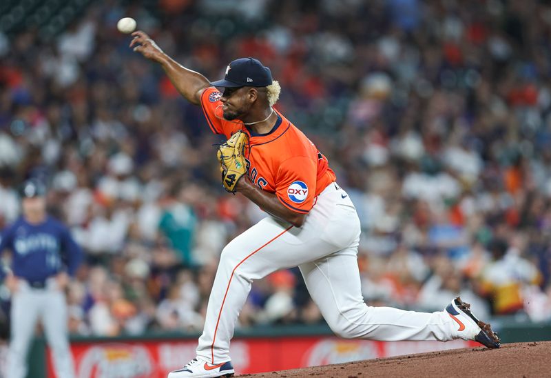 May 3, 2024; Houston, Texas, USA; Houston Astros starting pitcher Ronel Blanco (56) delivers a pitch during the first inning against the Seattle Mariners at Minute Maid Park. Mandatory Credit: Troy Taormina-USA TODAY Sports