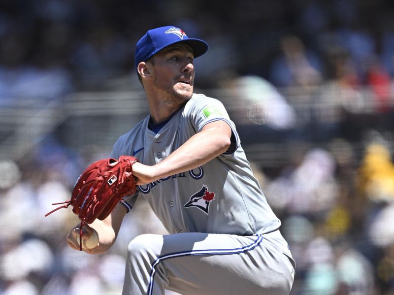 Apr 21, 2024; San Diego, California, USA; Toronto Blue Jays starting pitcher Chris Bassitt (40) throws a pitch against the San Diego Padres during the first inning at Petco Park. Mandatory Credit: Orlando Ramirez-USA TODAY Sports