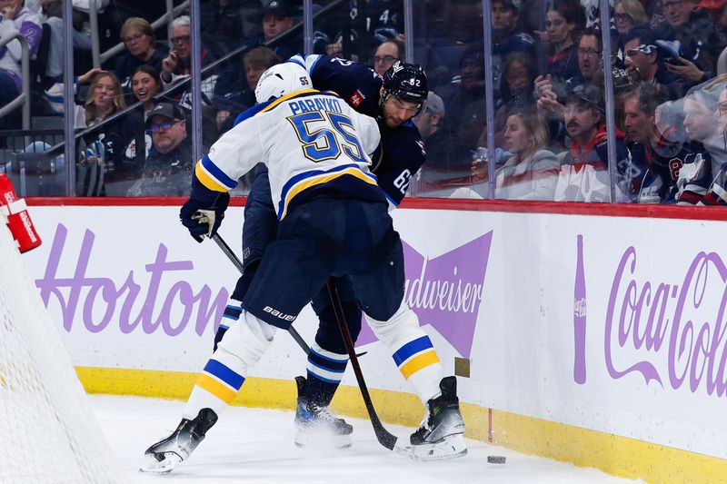 Dec 3, 2024; Winnipeg, Manitoba, CAN;  Winnipeg Jets forward Nino Niederreiter (62) battles St. Louis Blues defenseman Colton Parayko (55) for the puck during the second period at Canada Life Centre. Mandatory Credit: Terrence Lee-Imagn Images