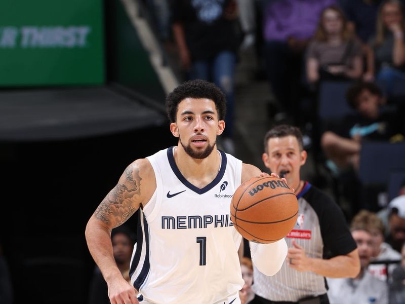 MEMPHIS, TN - OCTOBER 10: Scotty Pippen Jr. #1 of the Memphis Grizzlies dribbles the ball during the game against the Charlotte Hornets during a NBA Preseason game on October 10, 2024 at FedExForum in Memphis, Tennessee. NOTE TO USER: User expressly acknowledges and agrees that, by downloading and or using this photograph, User is consenting to the terms and conditions of the Getty Images License Agreement. Mandatory Copyright Notice: Copyright 2024 NBAE (Photo by Joe Murphy/NBAE via Getty Images)