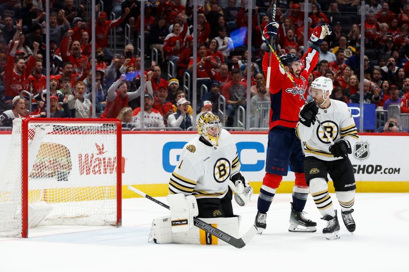 Apr 15, 2024; Washington, District of Columbia, USA; Washington Capitals right wing Tom Wilson (43) celebrates after a goal by Capitals defenseman John Carlson (not pictured) on Boston Bruins goaltender Jeremy Swayman (1) in the first period at Capital One Arena. Mandatory Credit: Geoff Burke-USA TODAY Sports