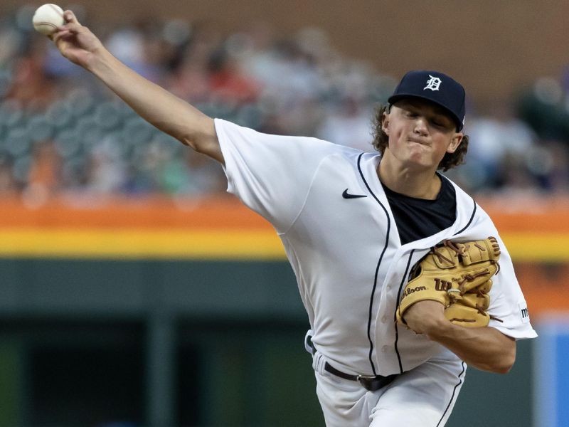 Aug 22, 2023; Detroit, Michigan, USA; Detroit Tigers starting pitcher Reese Olson (45) throws in the in the fifth inning against the Chicago Cubs at Comerica Park. Mandatory Credit: David Reginek-USA TODAY Sports