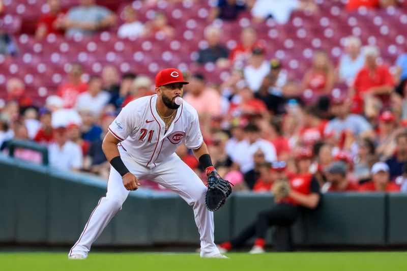 Jul 8, 2024; Cincinnati, Ohio, USA; Cincinnati Reds first baseman Edwin Rios (71) prepares for the pitch in the second inning against the Colorado Rockies at Great American Ball Park. Mandatory Credit: Katie Stratman-USA TODAY Sports