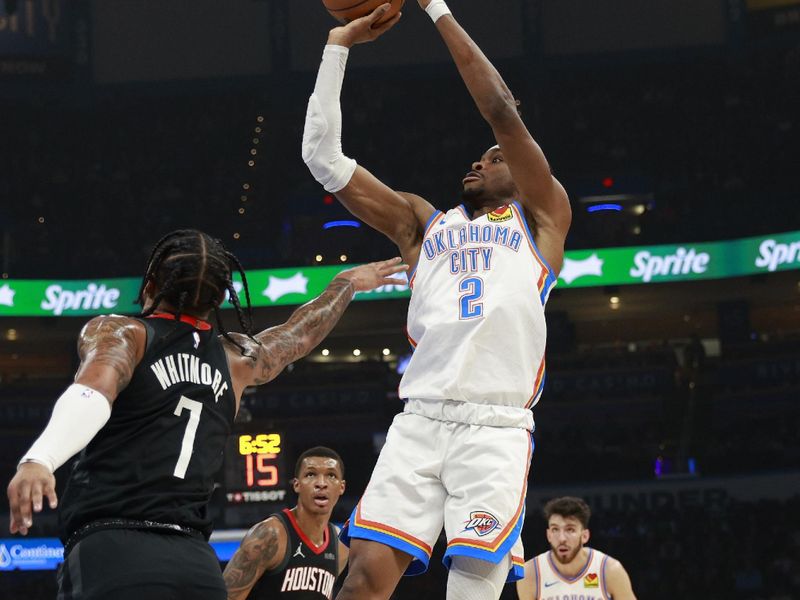 OKLAHOMA CITY, OK - MARCH 3: Shai Gilgeous-Alexander #2 of the Oklahoma City Thunder shoots the ball during the game against the Houston Rockets on March 3, 2025 at Paycom Center in Oklahoma City, Oklahoma. NOTE TO USER: User expressly acknowledges and agrees that, by downloading and or using this photograph, User is consenting to the terms and conditions of the Getty Images License Agreement. Mandatory Copyright Notice: Copyright 2025 NBAE(Photo by Martin McGrew/NBAE via Getty Images)