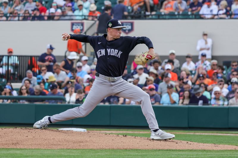 Mar 12, 2026; Lakeland, Florida, USA; New York Yankees pitcher Will Warren (98) pitches during the first inning against the Detroit Tigers at Publix Field at Joker Marchant Stadium. Mandatory Credit: Mike Watters-Imagn Images