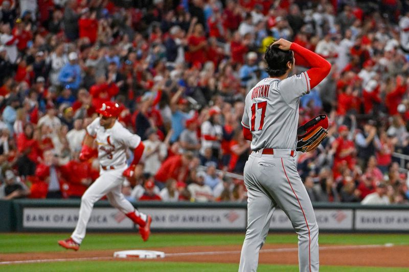 May 3, 2023; St. Louis, Missouri, USA;  Los Angeles Angels starting pitcher Shohei Ohtani (17) looks on after giving up a two ru8n home run to St. Louis Cardinals center fielder Dylan Carlson (3) during the fourth inning at Busch Stadium. Mandatory Credit: Jeff Curry-USA TODAY Sports