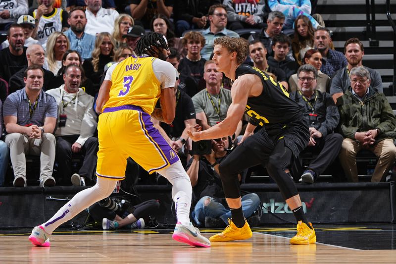 SALT LAKE CITY, UT - NOVEMBER 7: Lauri Markkanen #23 of the Utah Jazz plays defense on Anthony Davis #3 of the Los Angeles Lakers on November 7, 2022 at Vivint SmartHome Arena in Salt Lake City, Utah. NOTE TO USER: User expressly acknowledges and agrees that, by downloading and or using this Photograph, User is consenting to the terms and conditions of the Getty Images License Agreement. Mandatory Copyright Notice: Copyright 2022 NBAE (Photo by Garrett Ellwood/NBAE via Getty Images)