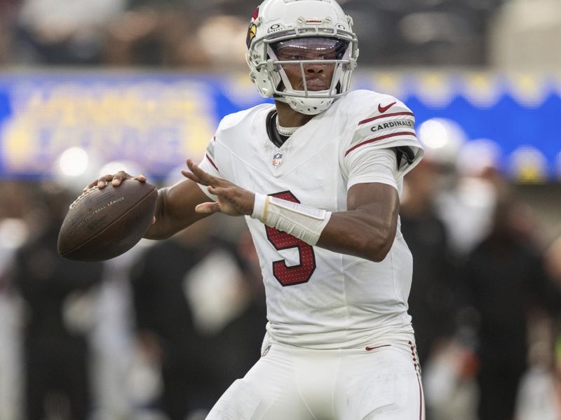 Arizona Cardinals quarterback Joshua Dobbs (9) throws a pass during an NFL football game against the Los Angeles Rams, Sunday, Oct. 15, 2023, in Inglewood, Calif. (AP Photo/Kyusung Gong)