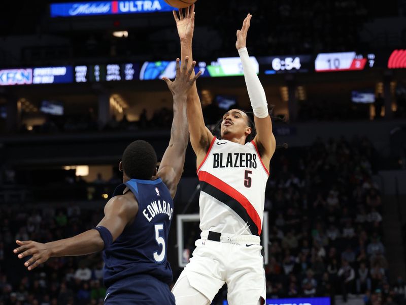 MINNEAPOLIS, MN -  MARCH 4: Dalano Banton #5 of the Portland Trail Blazers shoots the ball during the game against the Minnesota Timberwolves on March 4, 2024 at Target Center in Minneapolis, Minnesota. NOTE TO USER: User expressly acknowledges and agrees that, by downloading and or using this Photograph, user is consenting to the terms and conditions of the Getty Images License Agreement. Mandatory Copyright Notice: Copyright 2024 NBAE (Photo by Jordan Johnson/NBAE via Getty Images)