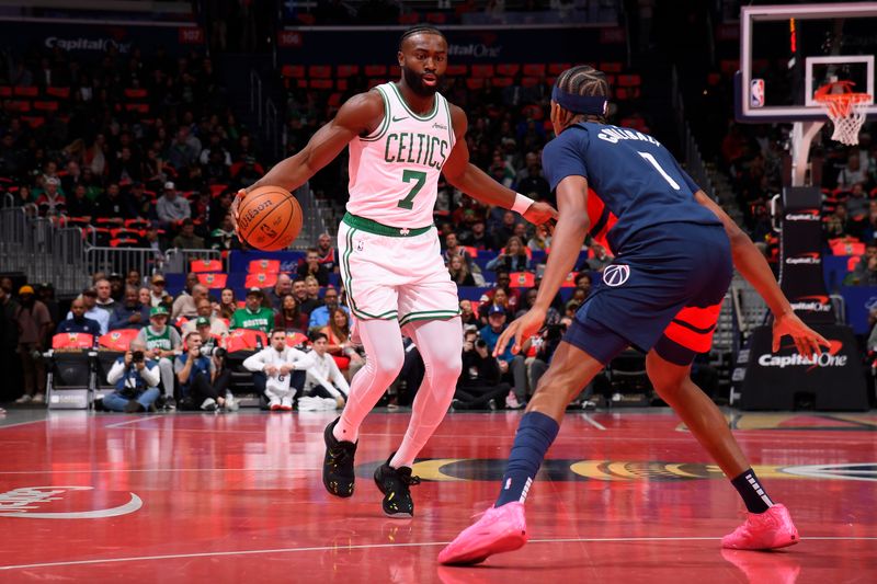 WASHINGTON, DC -?NOVEMBER 22: Jaylen Brown #7 of the Boston Celtics handles the ball during the game against the Washington Wizards during the Emirates NBA Cup game on November 22, 2024 at Capital One Arena in Washington, DC. NOTE TO USER: User expressly acknowledges and agrees that, by downloading and or using this Photograph, user is consenting to the terms and conditions of the Getty Images License Agreement. Mandatory Copyright Notice: Copyright 2024 NBAE (Photo by Brian Babineau/NBAE via Getty Images)