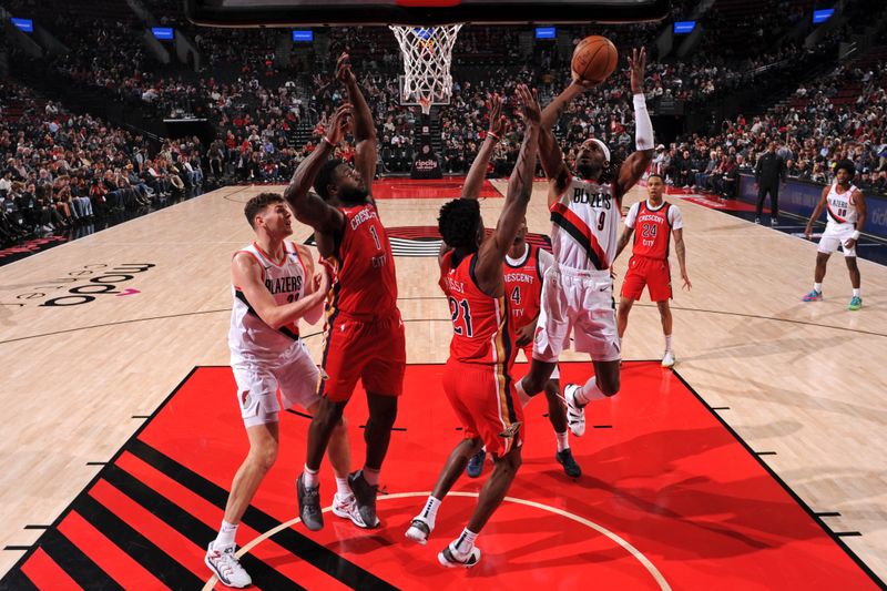 PORTLAND, OR - OCTOBER 27: Jerami Grant #9 of the Portland Trail Blazers drives to the basket during the game against the New Orleans Pelicans on October 27, 2024 at the Moda Center Arena in Portland, Oregon. NOTE TO USER: User expressly acknowledges and agrees that, by downloading and or using this photograph, user is consenting to the terms and conditions of the Getty Images License Agreement. Mandatory Copyright Notice: Copyright 2024 NBAE (Photo by Cameron Browne/NBAE via Getty Images)