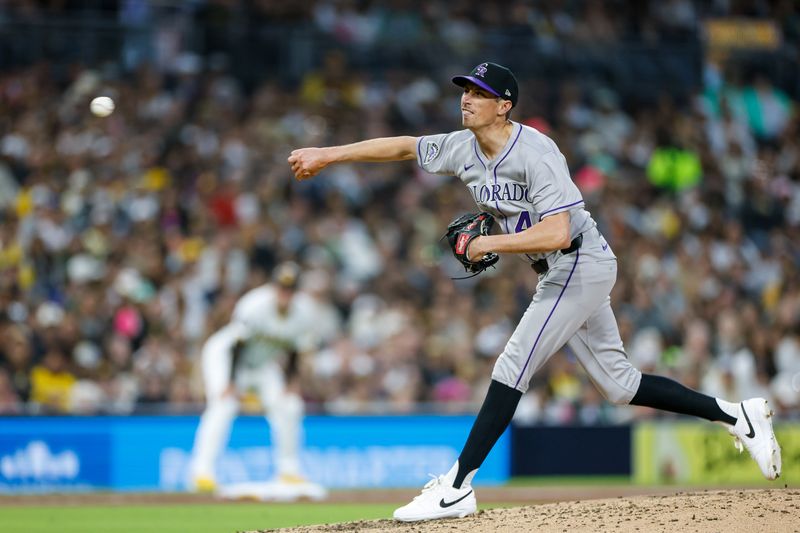Apr 12, 2025; San Diego, California, USA; Colorado Rockies relief pitcher Jimmy Herget (44) throws a pitch during the sixth inning against the San Diego Padres at Petco Park. Mandatory Credit: David Frerker-Imagn Images