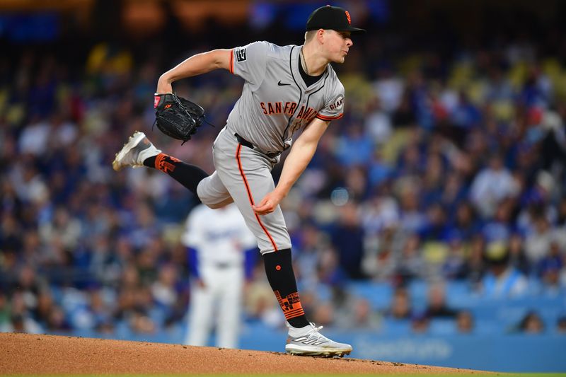 Apr 3, 2024; Los Angeles, California, USA; San Francisco Giants starting pitcher Kyle Harrison (45) throws against the Los Angeles Dodgers during the first inning at Dodger Stadium. Mandatory Credit: Gary A. Vasquez-USA TODAY Sports