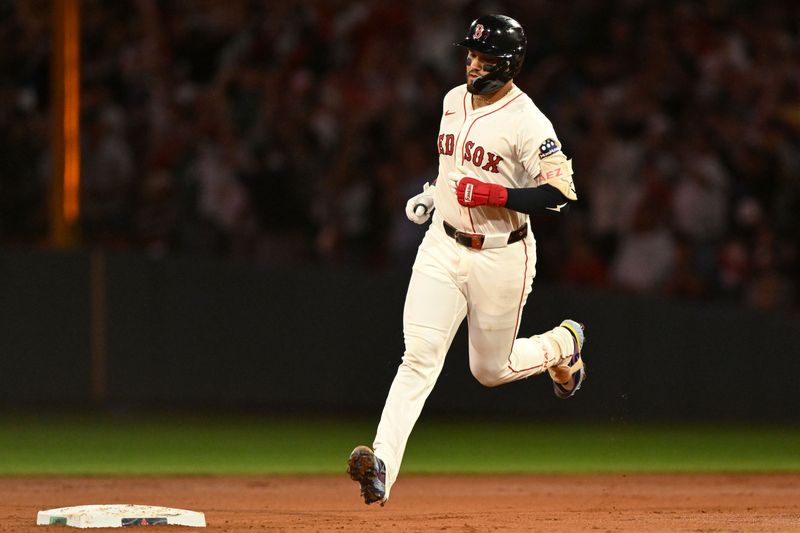 Sep 14, 2025; Boston, Massachusetts, USA;  Boston Red Sox catcher Carlos Narvaez (75) runs the bases after hitting a solo home run against the New York Yankees during the first inning at Fenway Park. Mandatory Credit: Brian Fluharty-Imagn Images