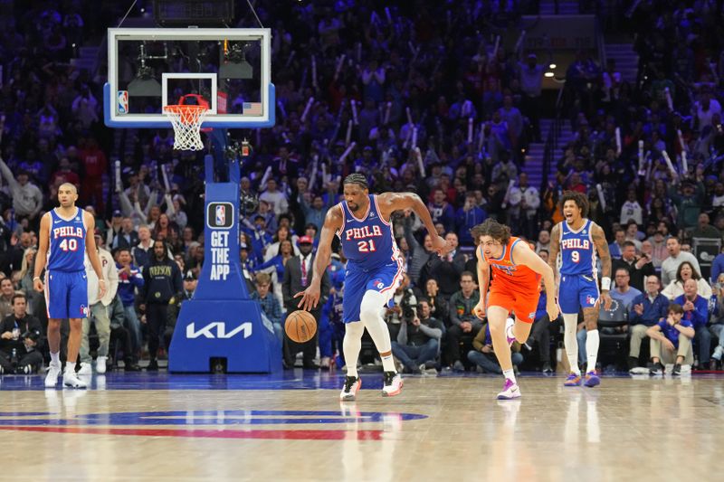 PHILADELPHIA, PA - APRIL 2: Joel Embiid #21 of the Philadelphia 76ers dribbles the ball during the game against the Oklahoma City Thunder on April 2, 2024 at the Wells Fargo Center in Philadelphia, Pennsylvania NOTE TO USER: User expressly acknowledges and agrees that, by downloading and/or using this Photograph, user is consenting to the terms and conditions of the Getty Images License Agreement. Mandatory Copyright Notice: Copyright 2024 NBAE (Photo by Jesse D. Garrabrant/NBAE via Getty Images)