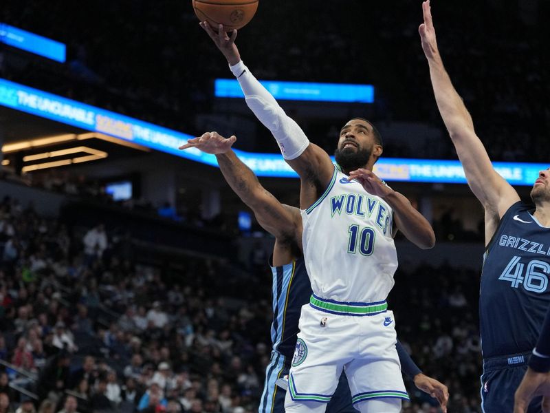 MINNEAPOLIS, MN -  JANUARY 18: Mike Conley #10 of the Minnesota Timberwolves shoots the ball during the game against the Memphis Grizzlies on January 18, 2024 at Target Center in Minneapolis, Minnesota. NOTE TO USER: User expressly acknowledges and agrees that, by downloading and or using this Photograph, user is consenting to the terms and conditions of the Getty Images License Agreement. Mandatory Copyright Notice: Copyright 2024 NBAE (Photo by Jordan Johnson/NBAE via Getty Images)