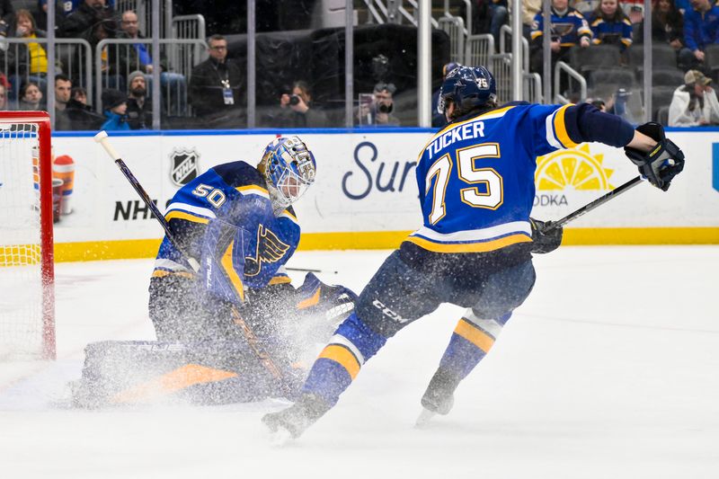 Jan 27, 2025; St. Louis, Missouri, USA;  St. Louis Blues goaltender Jordan Binnington (50) defends the net against the Vancouver Canucks during the first period at Enterprise Center. Mandatory Credit: Jeff Curry-Imagn Images