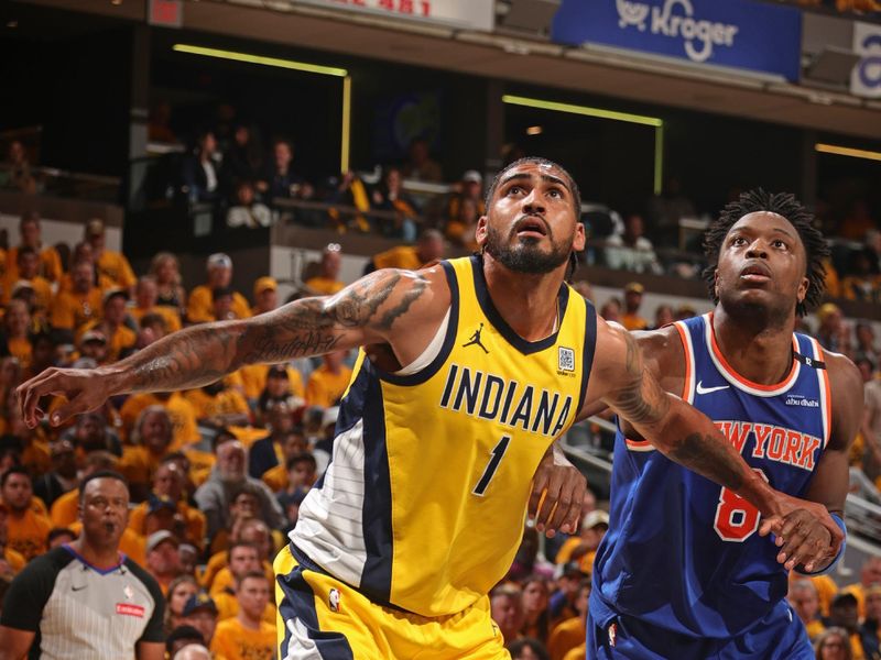 INDIANAPOLIS, IN - MAY 25:  Obi Toppin #1 of the Indiana Pacers boxes out during the game against the New York Knicks  during Game 3 of the 2025 Eastern Conference Finals on May 25, 2025 at Gainbridge Fieldhouse in Indianapolis, Indiana. NOTE TO USER: User expressly acknowledges and agrees that, by downloading and or using this Photograph, user is consenting to the terms and conditions of the Getty Images License Agreement. Mandatory Copyright Notice: Copyright 2025 NBAE (Photo by Nathaniel S. Butler/NBAE via Getty Images)