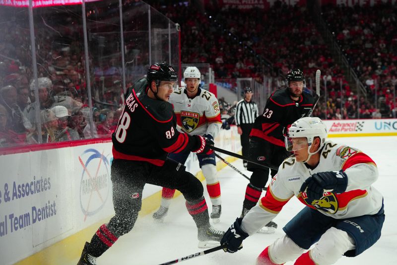 Mar 14, 2024; Raleigh, North Carolina, USA; Carolina Hurricanes center Martin Necas (88) takes a shot against Florida Panthers defenseman Gustav Forsling (42) during the first period at PNC Arena. Mandatory Credit: James Guillory-USA TODAY Sports