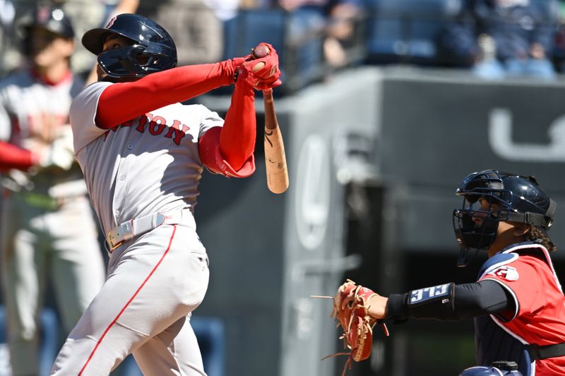 Apr 27, 2025; Cleveland, Ohio, USA; Boston Red Sox center fielder Ceddanne Rafaela (3) hits an RBI double during the fifth inning against the Cleveland Guardians at Progressive Field. Mandatory Credit: Ken Blaze-Imagn Images