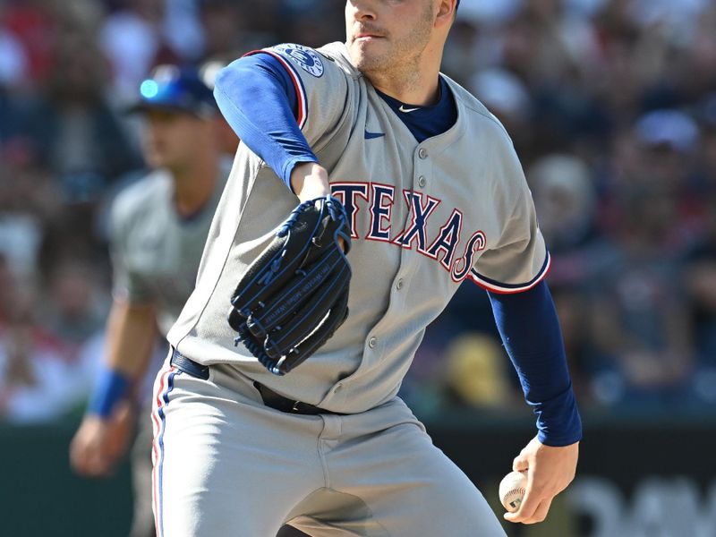 Sep 28, 2025; Cleveland, Ohio, USA;  Texas Rangers starting pitcher Patrick Corbin (46) throws a pitch against the Cleveland Guardians during the first inning at Progressive Field. Mandatory Credit: Ken Blaze-Imagn Images