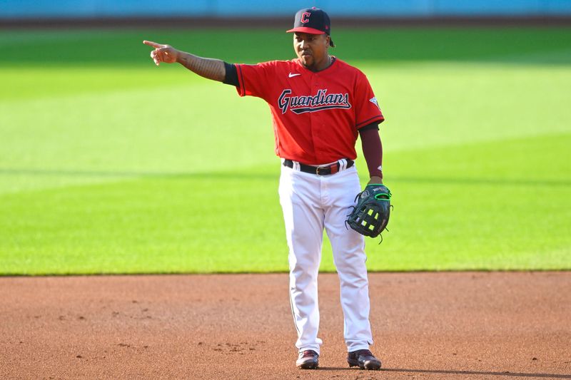 Jul 5, 2023; Cleveland, Ohio, USA; Cleveland Guardians third baseman Jose Ramirez (11) stands on the field in the first inning against the Atlanta Braves at Progressive Field. Mandatory Credit: David Richard-USA TODAY Sports