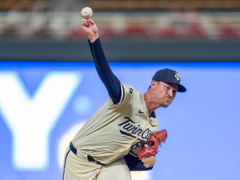 Sep 26, 2024; Minneapolis, Minnesota, USA; Minnesota Twins pitcher Scott Blewett (60) pitches in the 13th inning against the Miami Marlins at Target Field. Mandatory Credit: Matt Blewett-Imagn Images