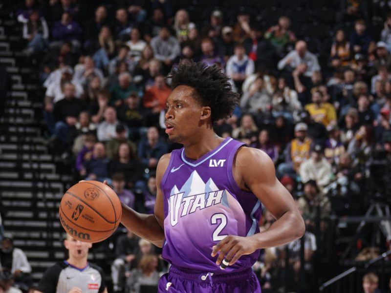 SALT LAKE CITY, UT - DECEMBER 1: Collin Sexton #2 of the Utah Jazz dribbles the ball during the game against the Los Angeles Lakers on December 1, 2024 at Delta Center in Salt Lake City, Utah. NOTE TO USER: User expressly acknowledges and agrees that, by downloading and or using this Photograph, User is consenting to the terms and conditions of the Getty Images License Agreement. Mandatory Copyright Notice: Copyright 2024 NBAE (Photo by Melissa Majchrzak/NBAE via Getty Images)