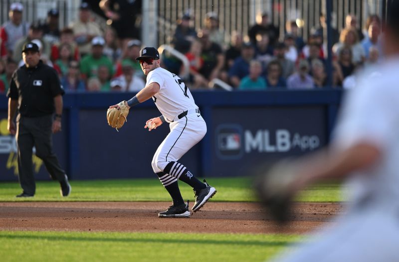 Aug 18, 2024; Williamsport, Pennsylvania, USA; Detroit Tigers infielder Jace Jung (17) throws to first against the New York Yankees in the first inning at BB&T Ballpark at Historic Bowman Field. Mandatory Credit: Kyle Ross-USA TODAY Sports