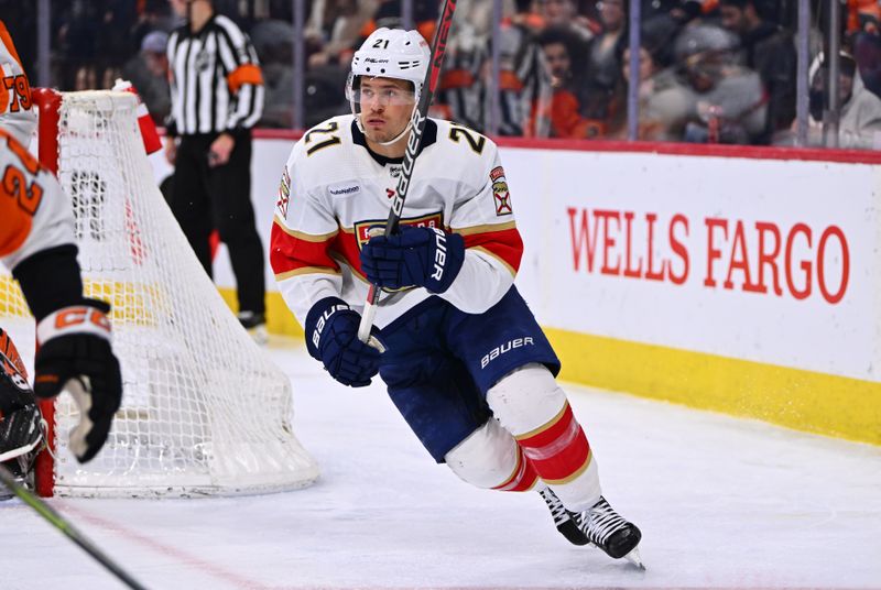 Mar 21, 2023; Philadelphia, Pennsylvania, USA; Florida Panthers center Nick Cousins (21) in action against the Philadelphia Flyers in the second period at Wells Fargo Center. Mandatory Credit: Kyle Ross-USA TODAY Sports