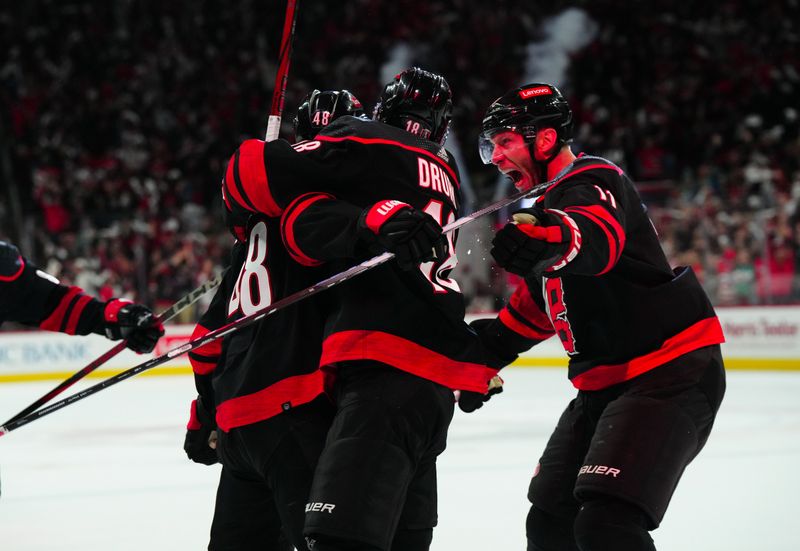 Apr 22, 2024; Raleigh, North Carolina, USA; Carolina Hurricanes left wing Jordan Martinook (48) is congratulated by center Jack Drury (18) and center Jordan Staal (11) after his goal against the New York Islanders during the third period in game two of the first round of the 2024 Stanley Cup Playoffs at PNC Arena. Mandatory Credit: James Guillory-USA TODAY Sports