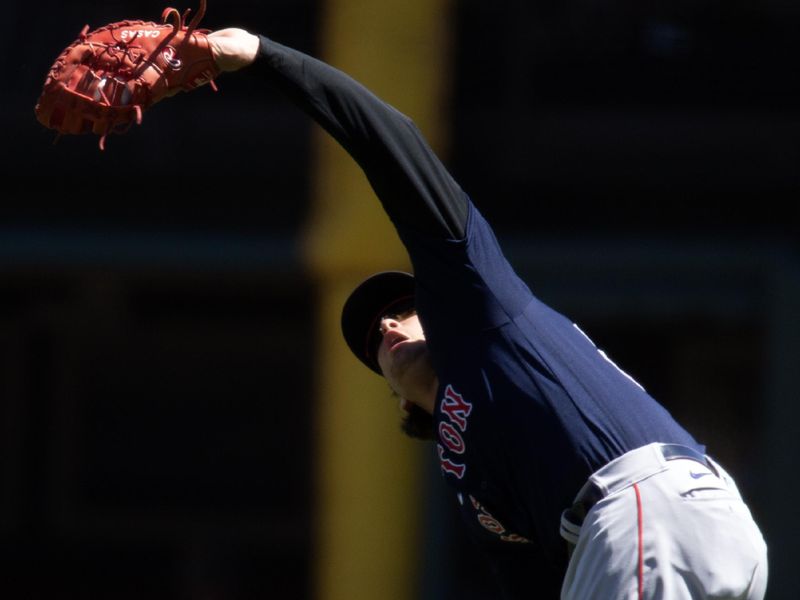 Jul 30, 2023; San Francisco, California, USA; Boston Red Sox first baseman Triston Casas (36) makes a catch on a popup by San Francisco Giants right fielder Michael Conforto (not pictured) during the sixth inning at Oracle Park. Mandatory Credit: D. Ross Cameron-USA TODAY Sports