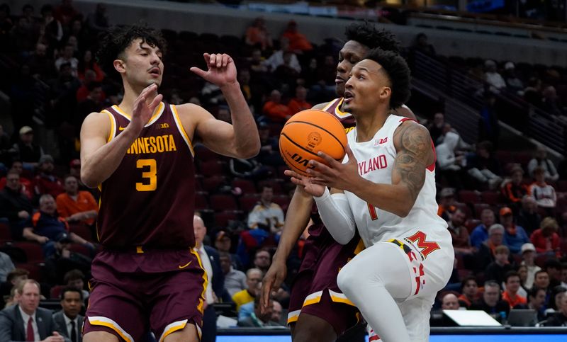 Mar 9, 2023; Chicago, IL, USA; Minnesota Golden Gophers forward Dawson Garcia (3) defends Maryland Terrapins guard Jahmir Young (1) during the second half at United Center. Mandatory Credit: David Banks-USA TODAY Sports