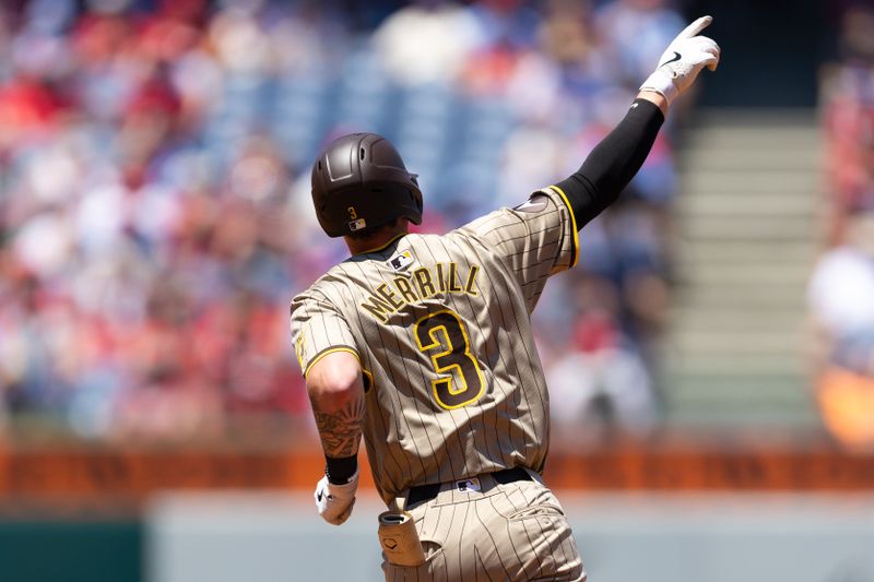 Jun 19, 2024; Philadelphia, Pennsylvania, USA; San Diego Padres outfielder Jackson Merrill (3) reacts after hitting a home run during the second inning against the Philadelphia Phillies at Citizens Bank Park. Mandatory Credit: Bill Streicher-USA TODAY Sports