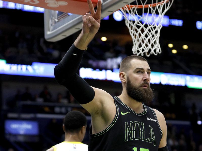 NEW ORLEANS, LOUISIANA - JANUARY 23: Jonas Valanciunas #17 of the New Orleans Pelicans reacts after scoring during the third quarter of an NBA game against the Utah Jazz at Smoothie King Center on January 23, 2024 in New Orleans, Louisiana. NOTE TO USER: User expressly acknowledges and agrees that, by downloading and or using this photograph, User is consenting to the terms and conditions of the Getty Images License Agreement. (Photo by Sean Gardner/Getty Images)