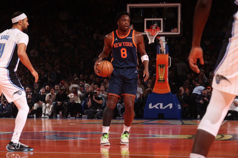 NEW YORK, NY - DECEMBER 3: OG Anunoby #8 of the New York Knicks dribbles the ball during the game against the Orlando Magic during the Emirates NBA Cup on December 3, 2024 at Madison Square Garden in New York City, New York.  NOTE TO USER: User expressly acknowledges and agrees that, by downloading and or using this photograph, User is consenting to the terms and conditions of the Getty Images License Agreement. Mandatory Copyright Notice: Copyright 2024 NBAE  (Photo by Nathaniel S. Butler/NBAE via Getty Images)