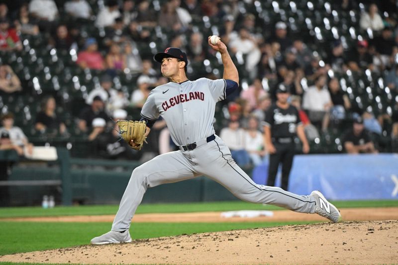 Sep 9, 2024; Chicago, Illinois, USA;  Cleveland Guardians pitcher Joey Cantillo (54) delivers during the fifth inning against the Chicago White Sox at Guaranteed Rate Field. Mandatory Credit: Matt Marton-Imagn Images