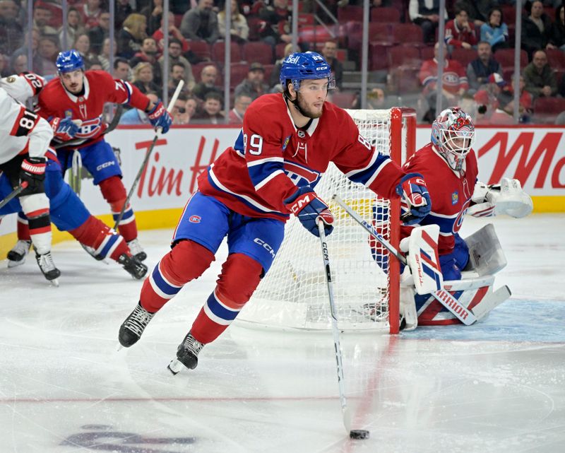 Mar 18, 2025; Montreal, Quebec, CAN; Montreal Canadiens forward Joshua Roy (89) plays the puck during the third period of the game against the Ottawa Senators at the Bell Centre. Mandatory Credit: Eric Bolte-Imagn Images