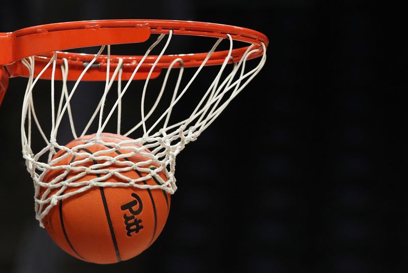 Feb 25, 2025; Pittsburgh, Pennsylvania, USA;  A Pittsburgh Panthers branded basketball used in warmups is seen before a game against the Georgia Tech Yellow Jackets at the Petersen Events Center. Mandatory Credit: Charles LeClaire-Imagn Images