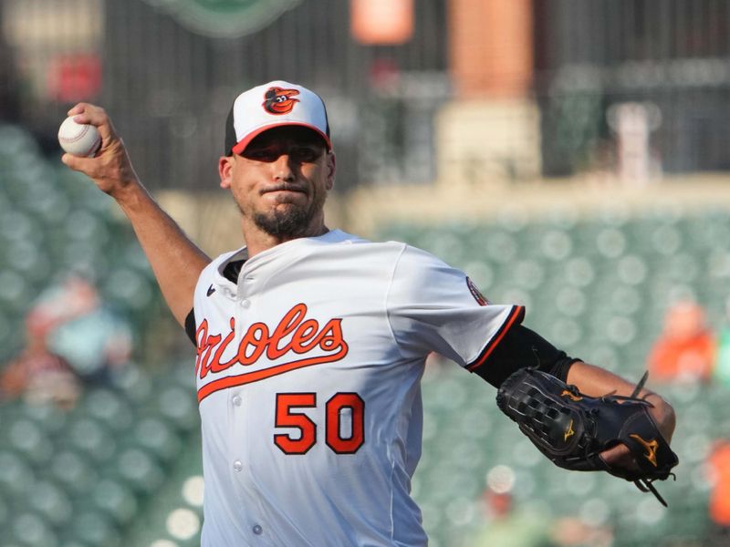 Jun 24, 2025; Baltimore, Maryland, USA; Baltimore Orioles pitcher Charlie Morton (50) delivers during the first inning against the Texas Rangers at Oriole Park at Camden Yards. Mandatory Credit: Mitch Stringer-Imagn Images