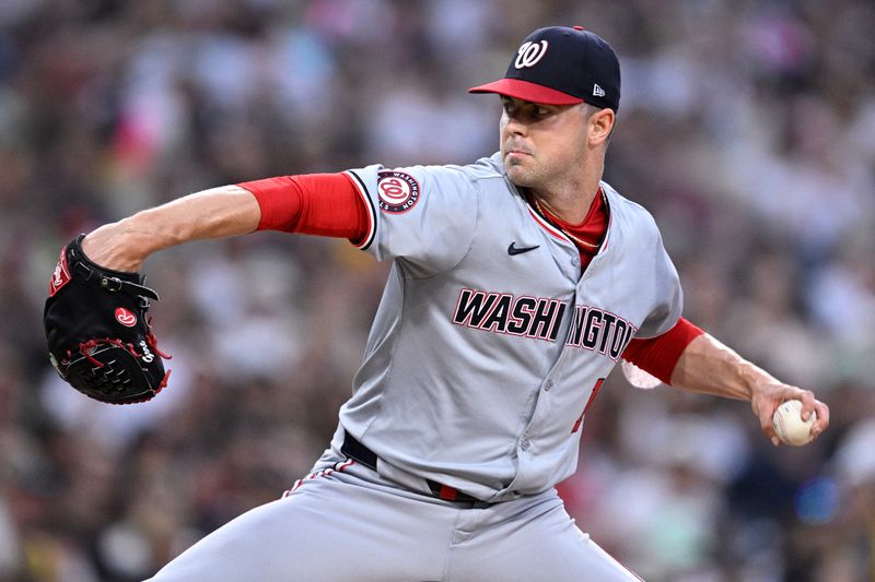 Jun 25, 2024; San Diego, California, USA; Washington Nationals starting pitcher MacKenzie Gore (1) pitches against the San Diego Padres during the fourth inning at Petco Park. Mandatory Credit: Orlando Ramirez-USA TODAY Sports