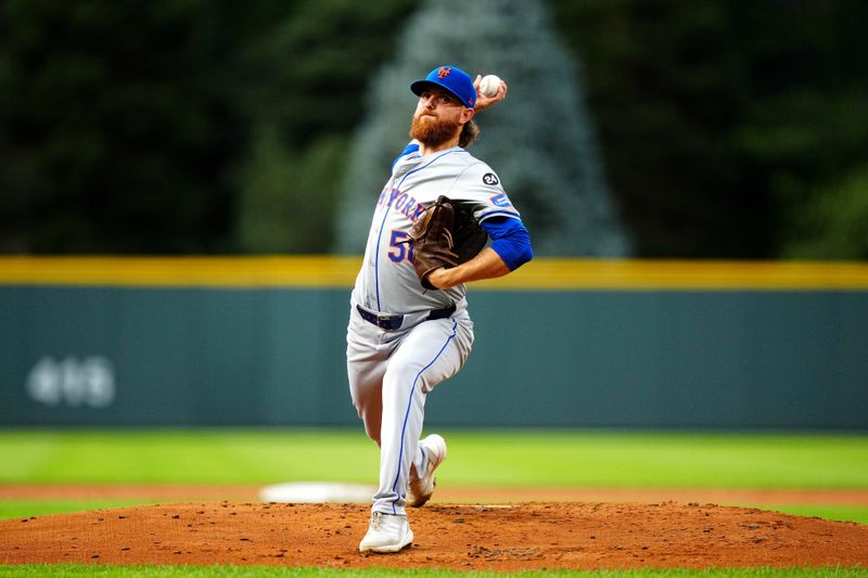 Aug 7, 2024; Denver, Colorado, USA; New York Mets starting pitcher Paul Blackburn (58) delivers a pitch in the first inning against the Colorado Rockies at Coors Field. Mandatory Credit: Ron Chenoy-USA TODAY Sports